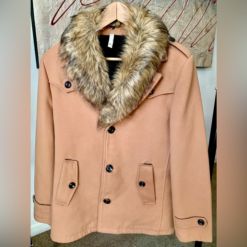 Men's Tan Coat with Faux Fur Collar
